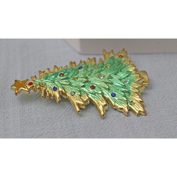 Gold Toned Christmas Tree Brooch Pin with Rhinestones VP18A - Picture 3 of 5